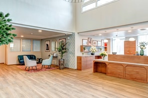 Una habitación amplia con piso de madera, un sofá azul, una mesa de comedor con sillas y un ventanal grande.