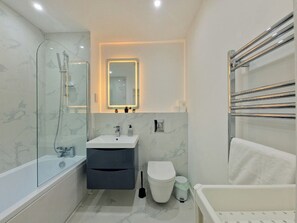 Hair dryer, towels, toilet paper