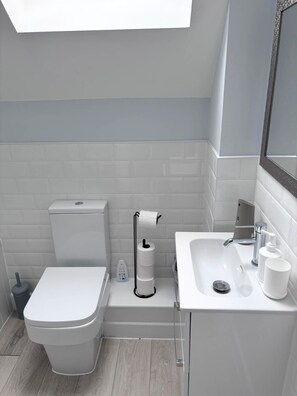 Hair dryer, towels, soap, toilet paper