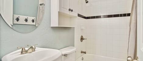 Hair dryer, bidet, towels, soap