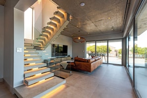 Televisio, takka, kirjoja, stereot