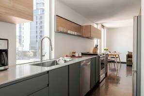 Superior appartement, uitzicht op de stad | Privékeuken | Een koelkast, een microgolfoven, een oven, een kookplaat