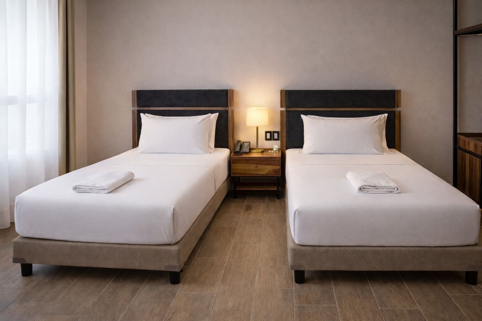 Deux lits côte à côte, recouverts de draps blancs, une table de chevet avec une lampe et un téléphone fixé au mur.