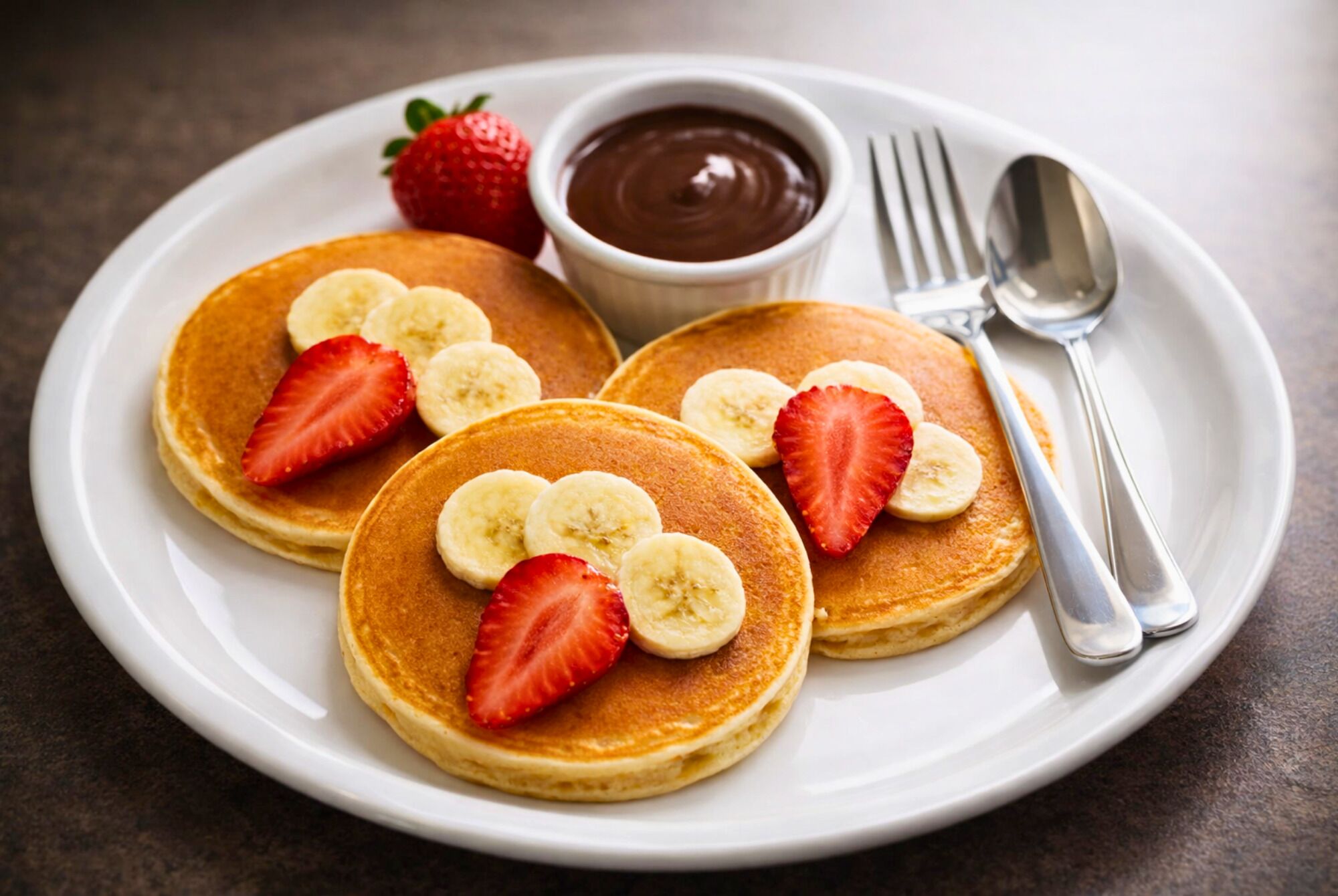 Ein Teller mit Pfannkuchen, belegt mit Erdbeeren und Bananenscheiben, eine kleine Schüssel Schokoladensauce und eine Gabel auf einem weißen Teller.