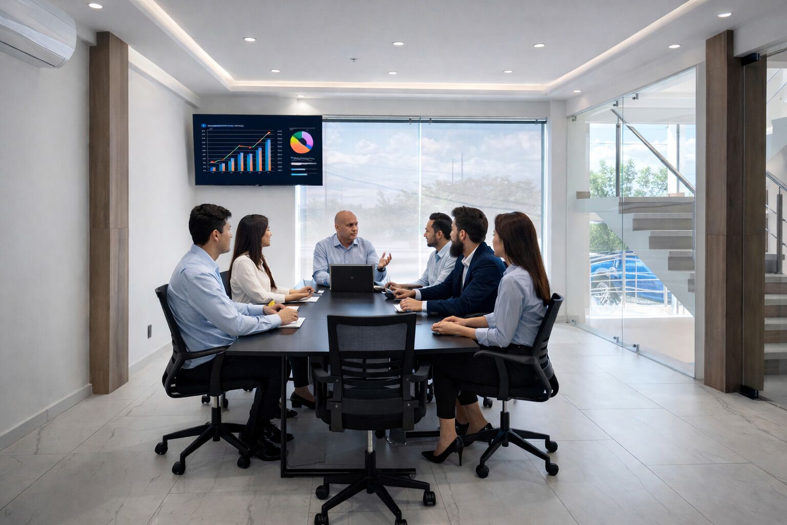 A conference room with a large table, chairs, a presentation screen, and a view of the outdoors.