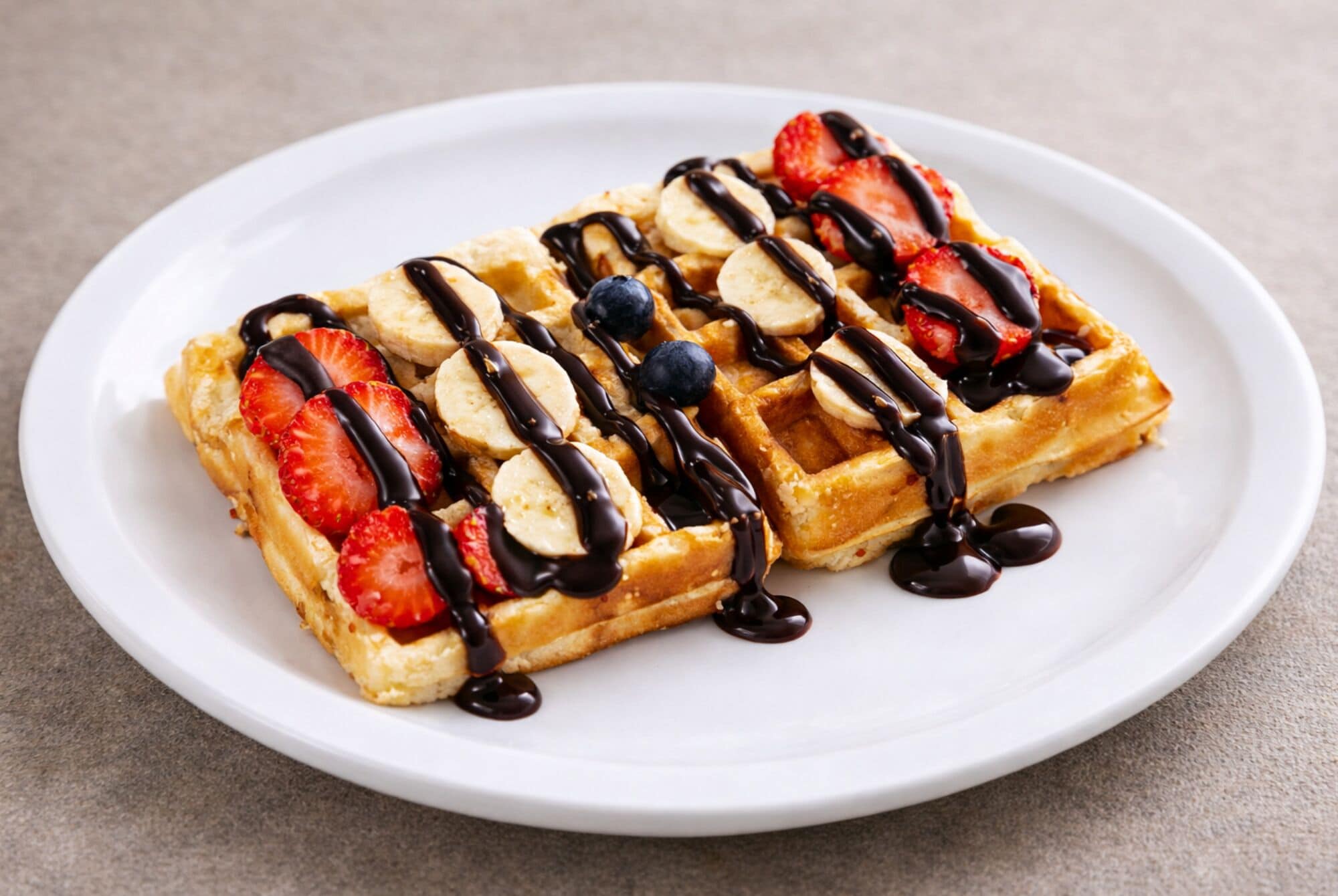 Dos gofres con fruta y salsa de chocolate sobre un plato.