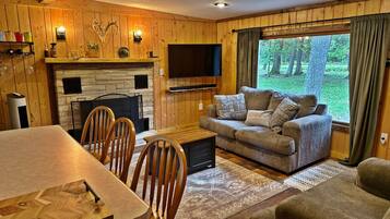 Smart TV, chimenea, videojuegos, libros