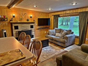 Smart TV, chimenea, videojuegos, libros