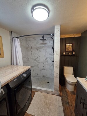 Shower, hair dryer, towels