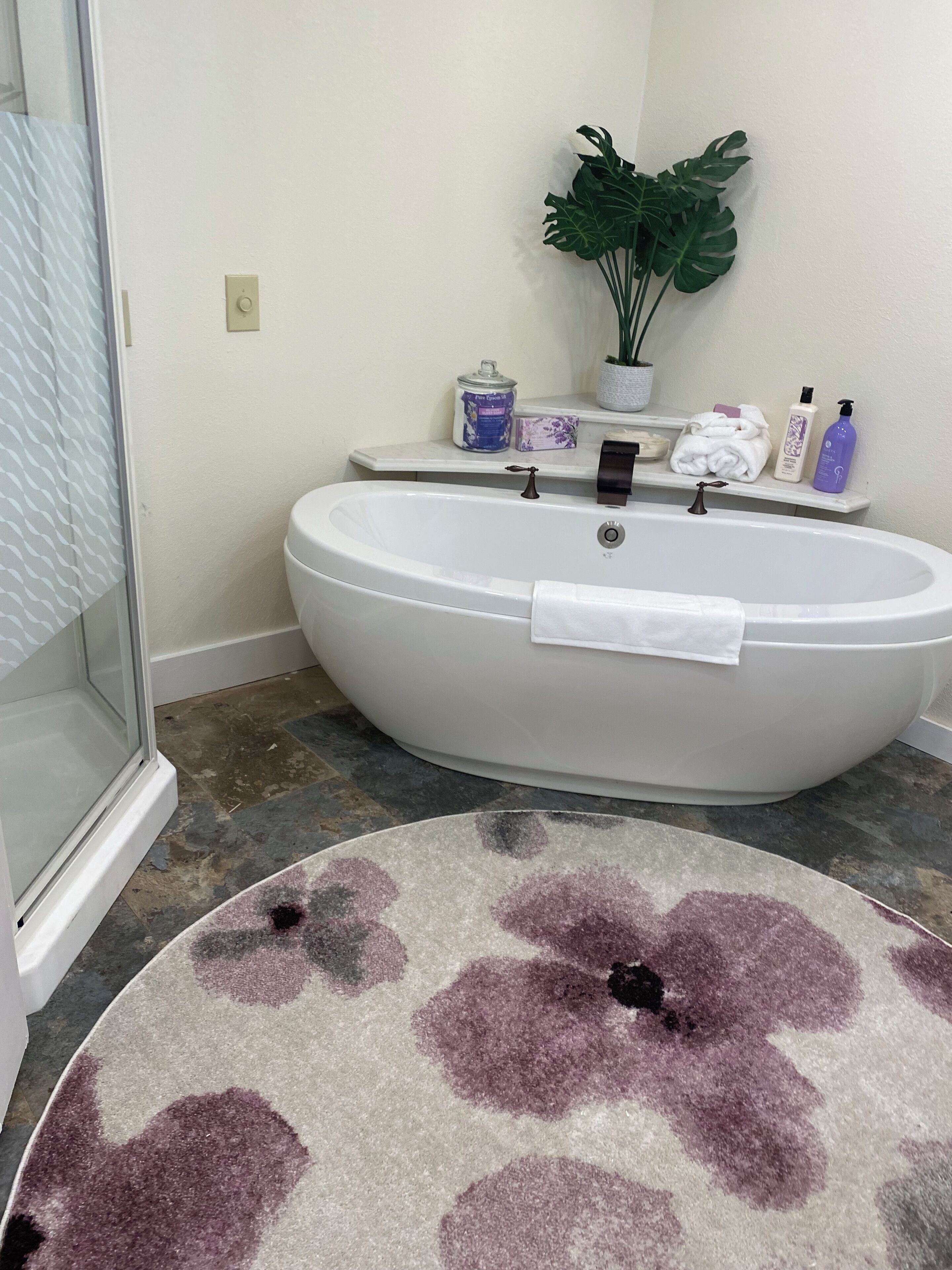Une salle de bain avec une baignoire sur pieds, une douche à parois de verre, une plante en pot et des articles de toilette rangés sur une étagère.