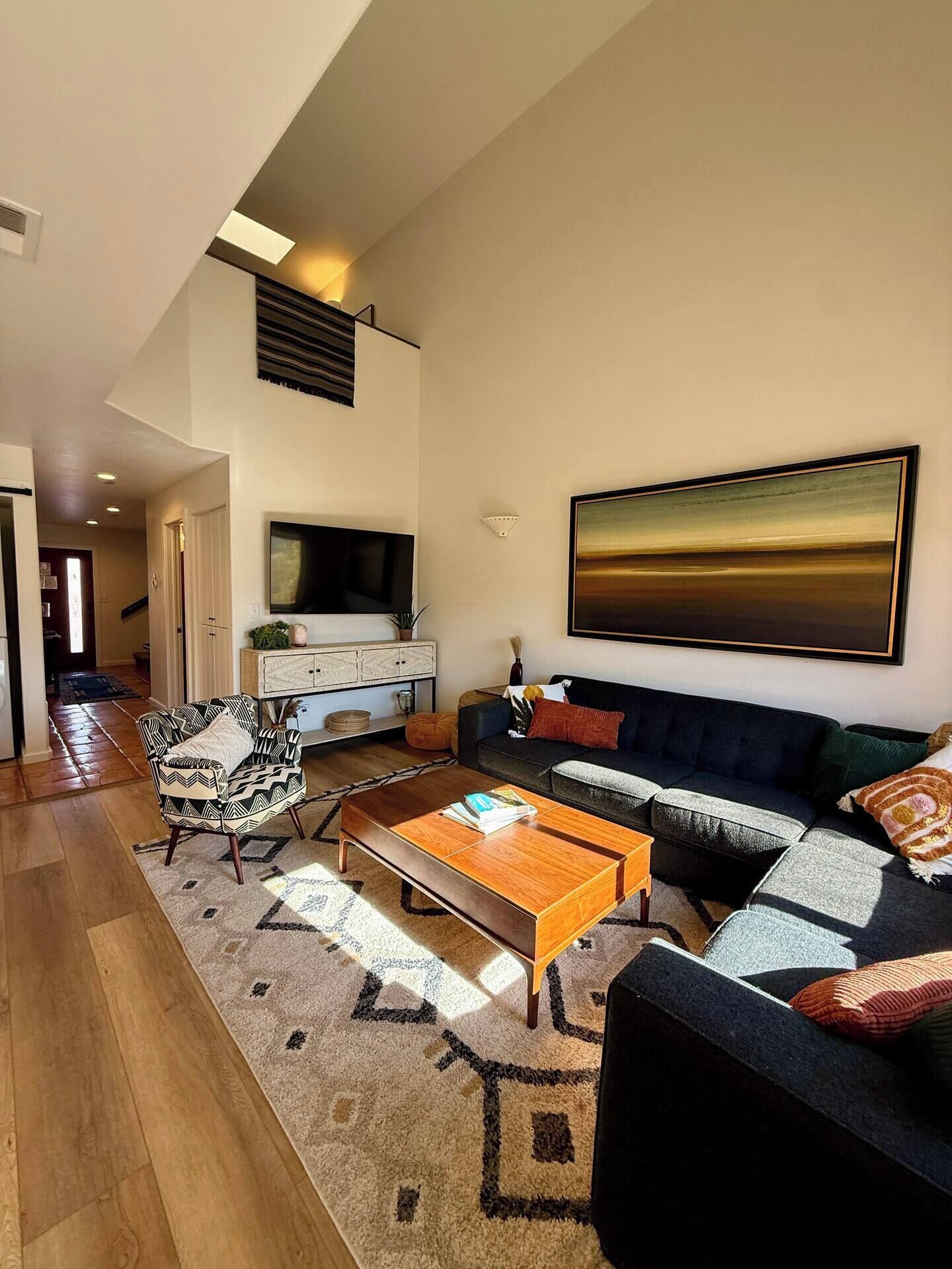 Smart TV, fireplace, books