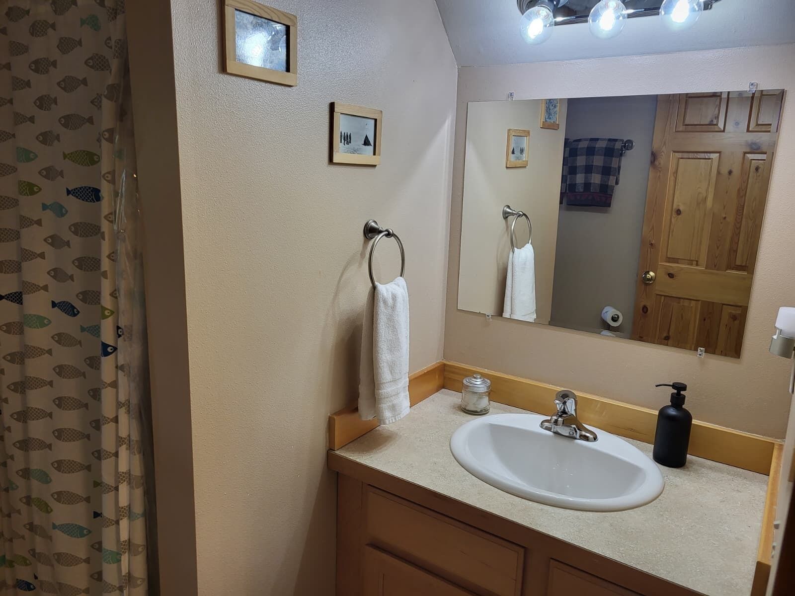A bathroom with a sink, mirror, towel rack, and a shower curtain with a fish pattern.