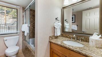 Hair dryer, towels, soap, toilet paper