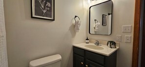 A bathroom with a toilet, a sink, a mirror, and a framed botanical print on the wall. - NEW! 2-bedroom townhome- 0.3 miles from I-81 (Glade Spring)