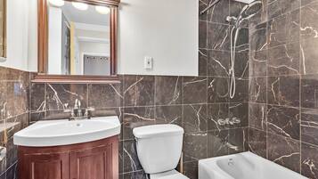 Hair dryer, towels, soap, toilet paper