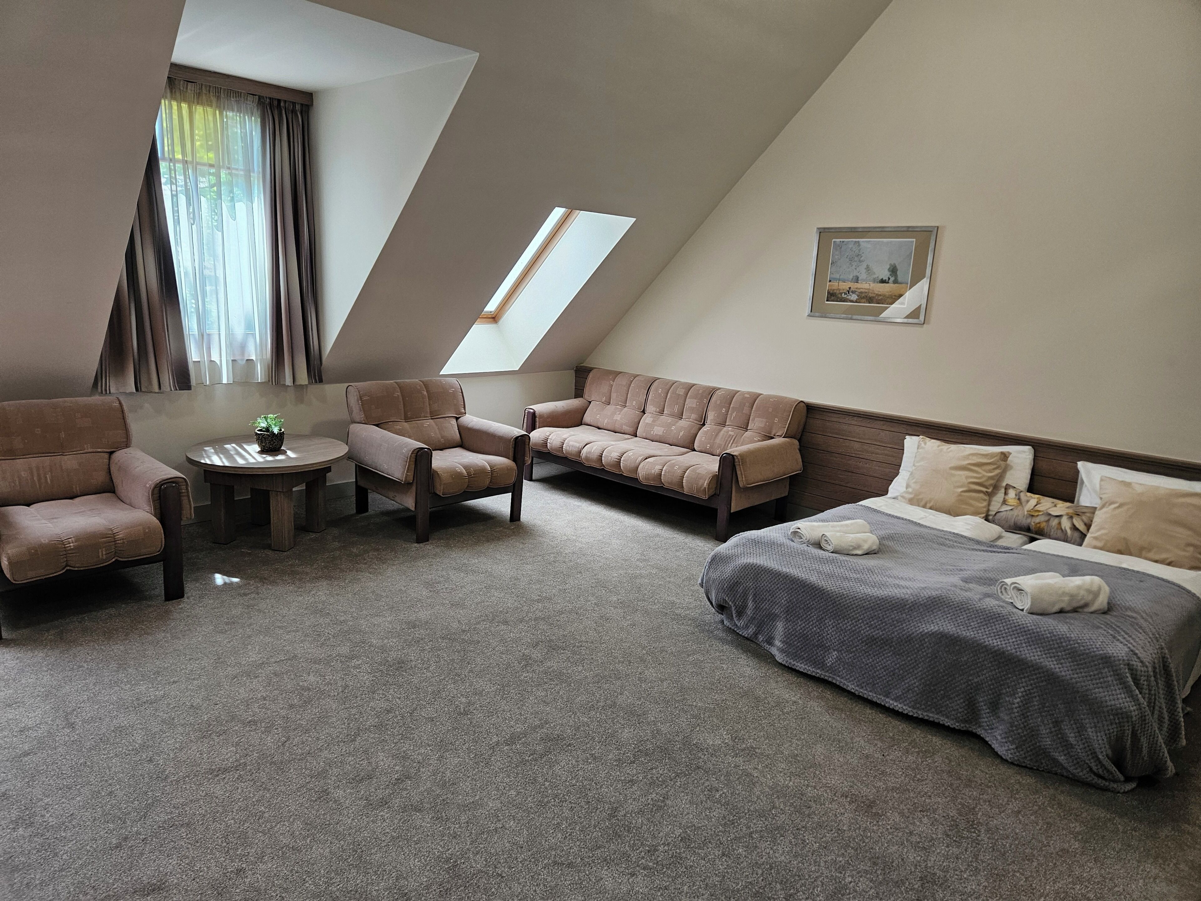 A room with a bed, two sofas, a small table, and a potted plant.
