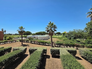 A landscaped garden with neatly trimmed hedges, palm trees, and a building with a green roof. - Very nice 3-room apartment with indoor pool and golf course view in Cap d'Agde (LE CAP D AGDE)