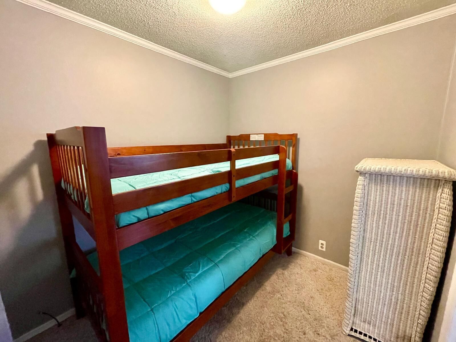 A bedroom with a bunk bed, a small rug, and a cat tree.