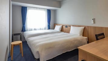 Desk, laptop workspace, blackout drapes, iron/ironing board