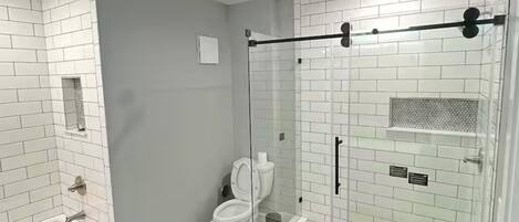 Hair dryer, towels, soap, toilet paper