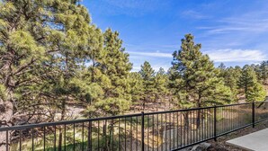 A fenced outdoor area with pine trees and a clear sky. - 4BR w hot tub, EV charger, mountain views (Flagstaff)