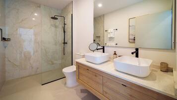 Shower, hair dryer, towels