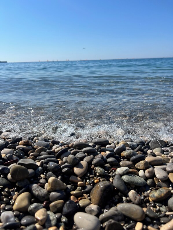 On the beach, sun loungers, beach towels
