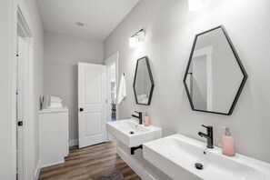 Hair dryer, towels, soap, toilet paper