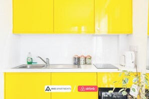 Fridge, microwave, stovetop, toaster