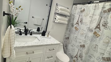 Hair dryer, towels, soap, toilet paper