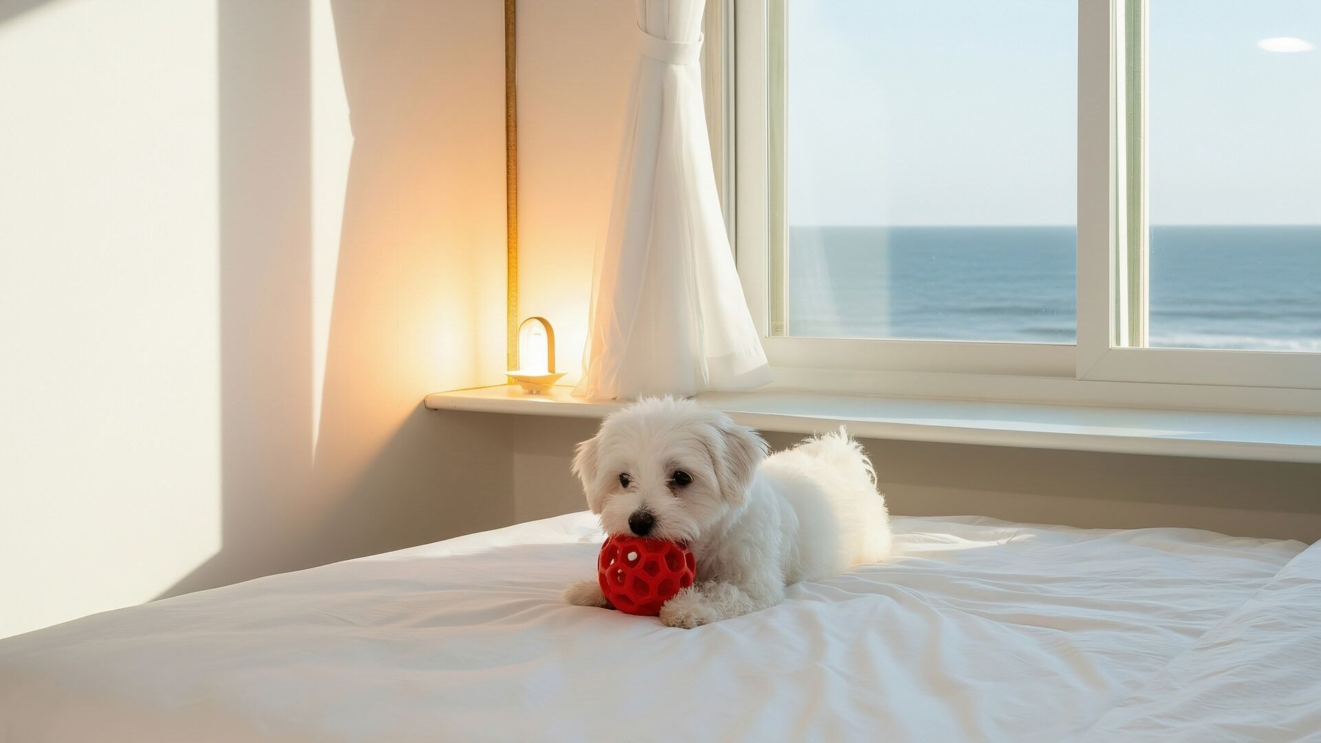 Un perro blanco pequeño sobre una cama cerca de una ventana con vista al océano.