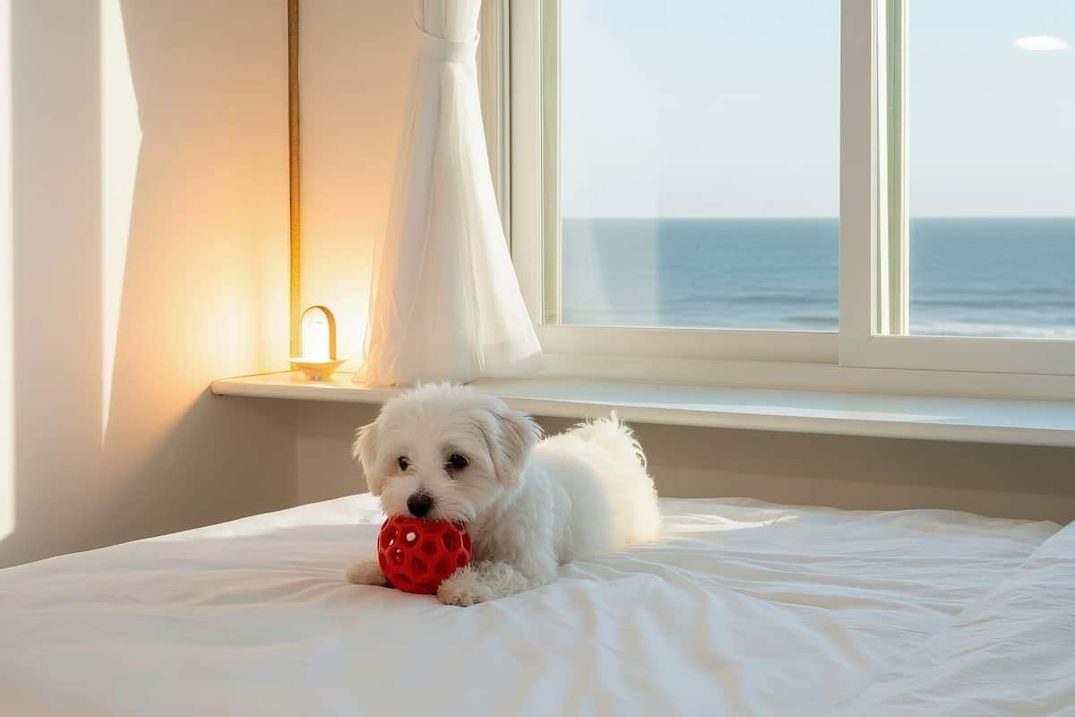 A small white dog on a bed by a window with a view of the ocean.
