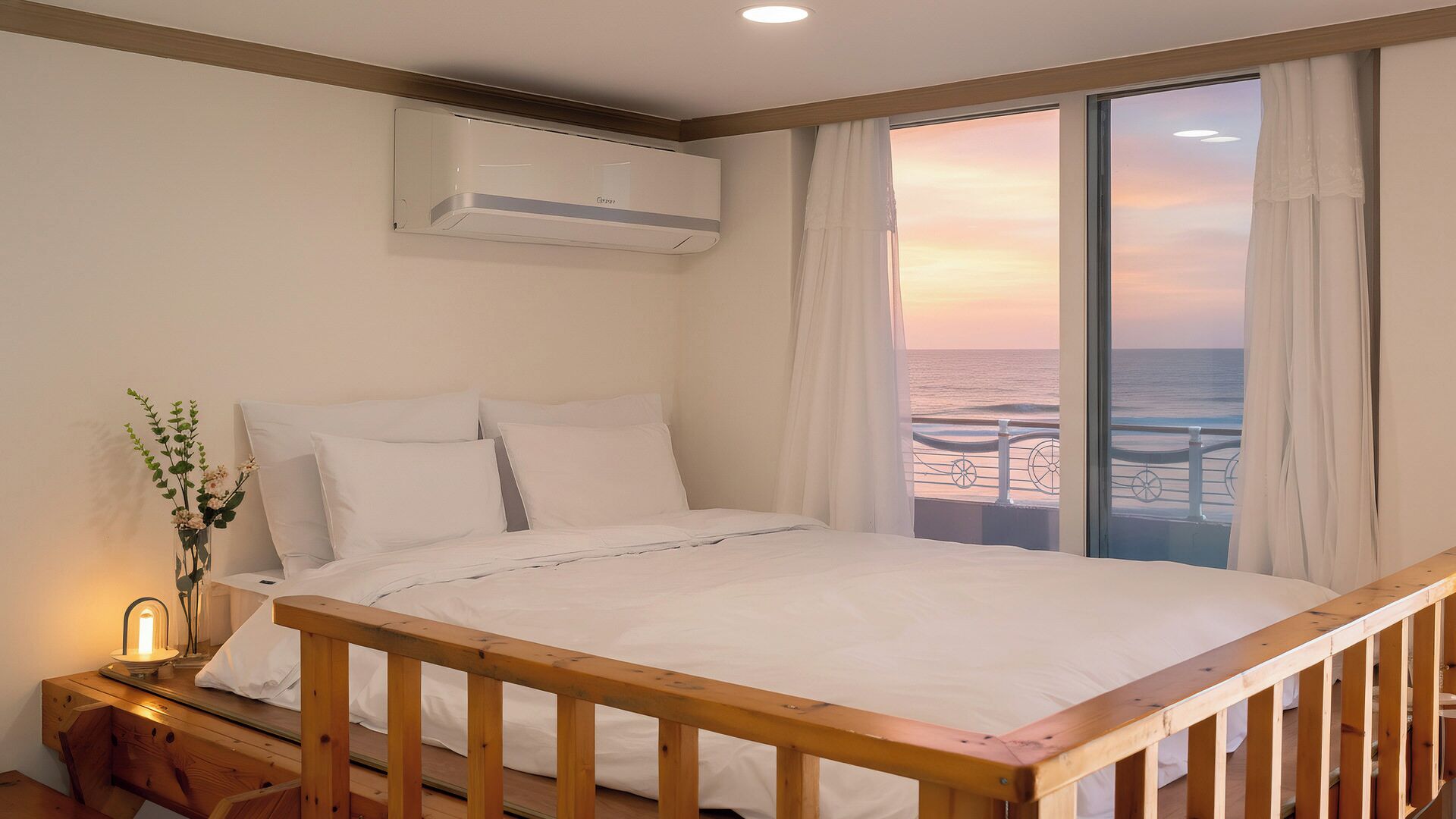 Une chambre à coucher avec un lit, une table de chevet, une lampe et une vue sur l’océan grâce à de grandes fenêtres.