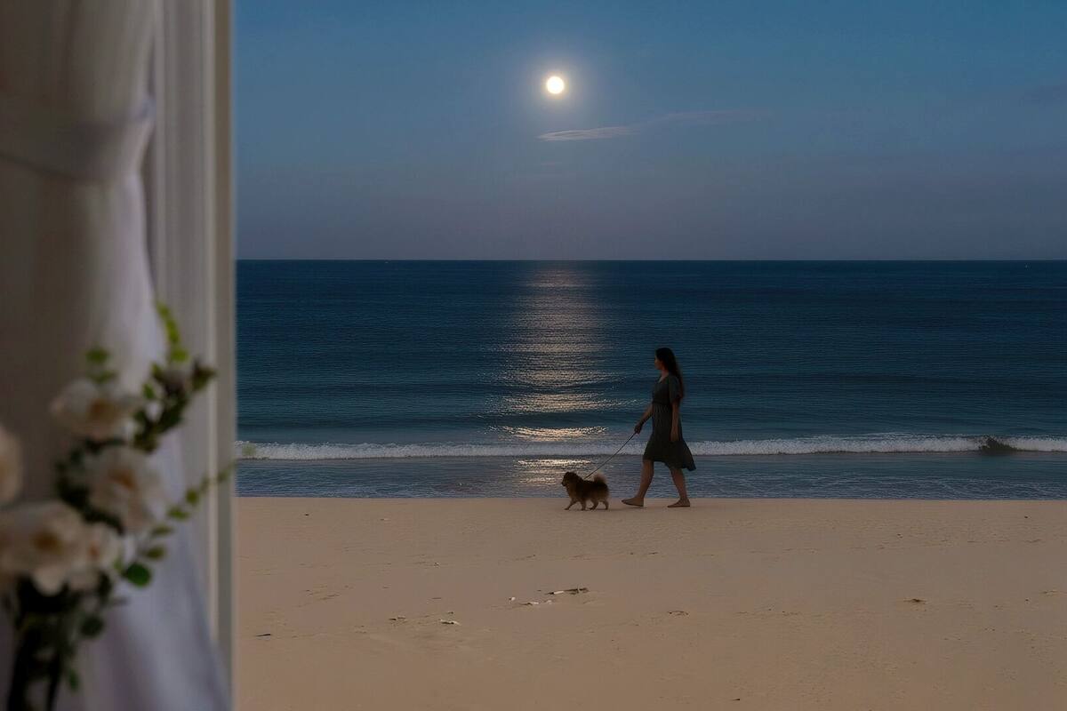 A beach scene with a person and a dog walking along the shore, a calm sea, and a visible moon in the sky.