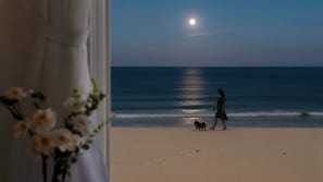 A beach scene with a person and a dog walking along the shore, a calm sea, and a visible moon in the sky. - Goseong Jajackdo Aroma Pension (Goseong)