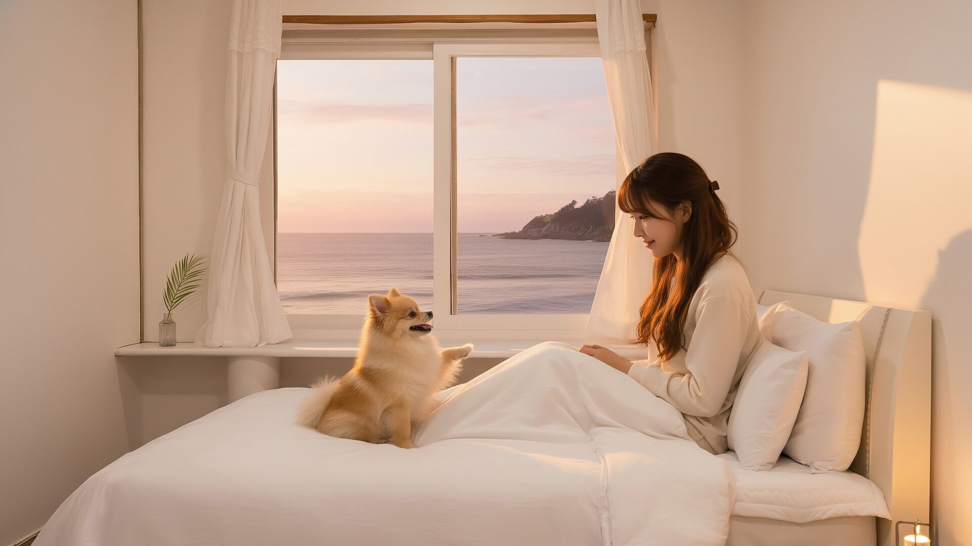 Una cama con un perro y una persona junto a una ventana con vista al mar.