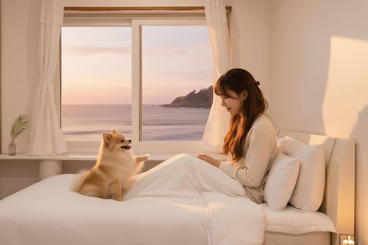 Una cama con un perro y una persona junto a una ventana con vista al mar.