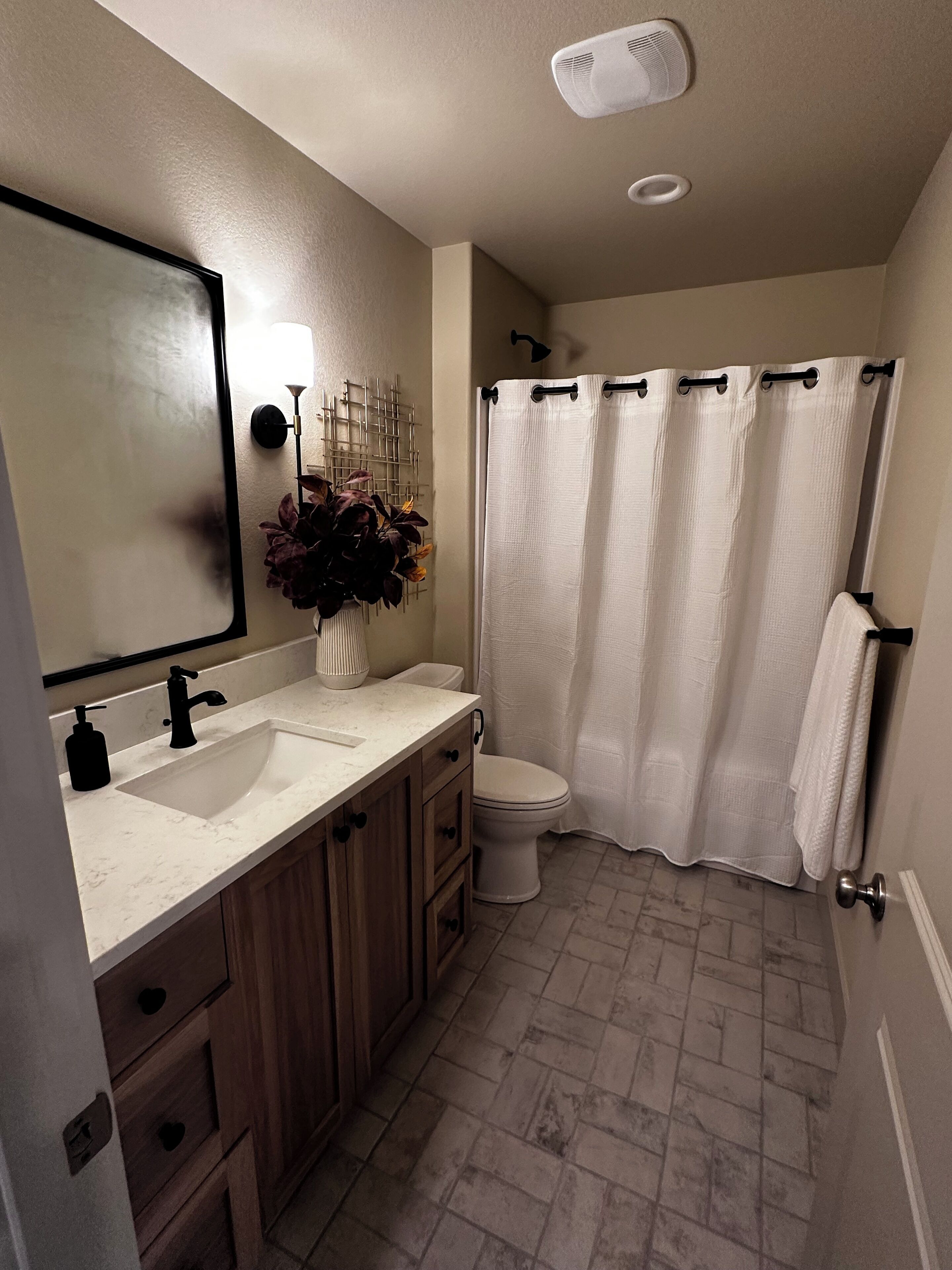 Hair dryer, towels, soap, toilet paper