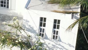 Un edificio bianco con due finestre e un piccolo albero di fronte.