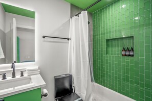 Hair dryer, towels, soap, toilet paper