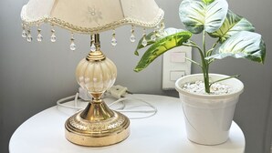 Una mesa redonda blanca con una lámpara dorada y una planta en maceta.
