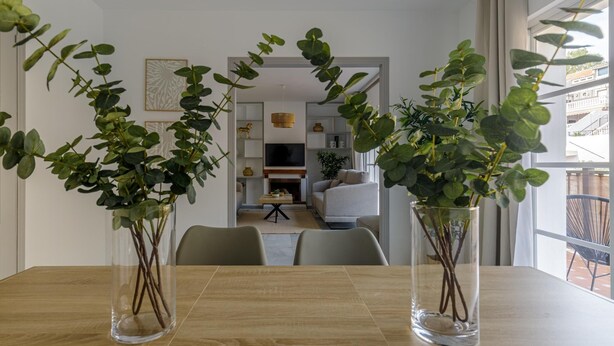 Una zona de menjador amb una taula de fusta, dos vasetes transparents amb plantes, un sofà i una televisió al fons.