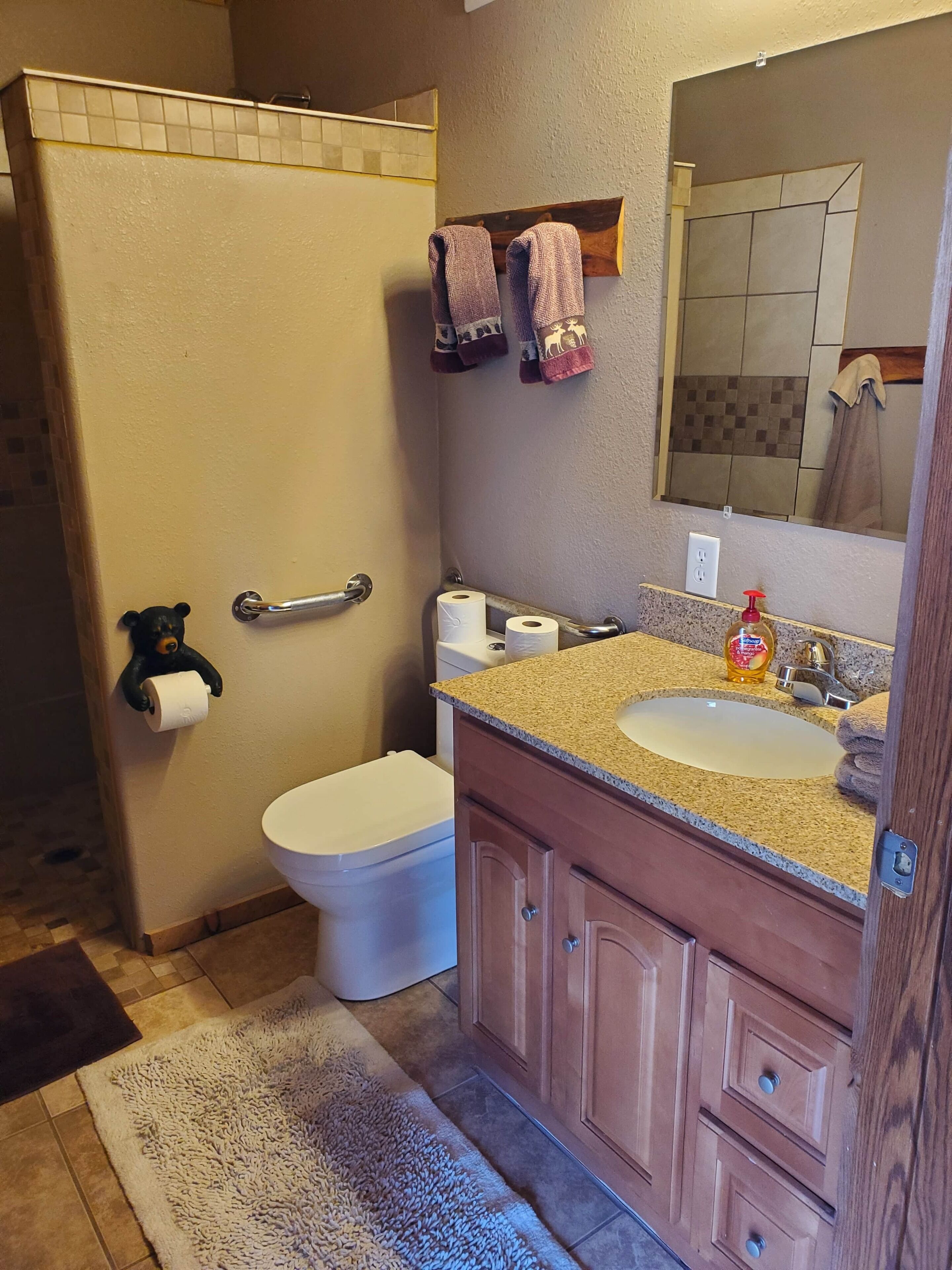 Hair dryer, towels, soap, shampoo