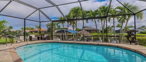 A swimming pool with a covered area, surrounded by palm trees and a clear sky.