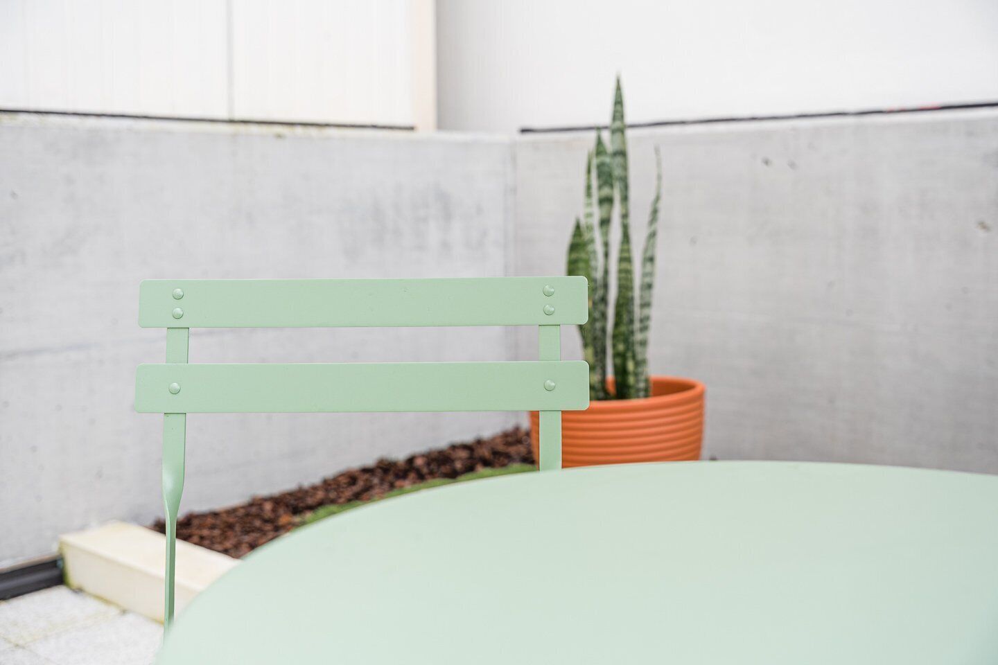 A light green chair with a metal frame and a potted plant in the background.