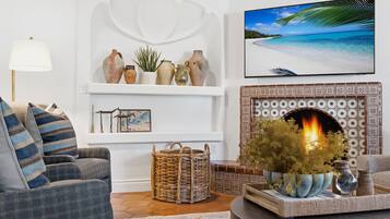 Smart TV, fireplace, books