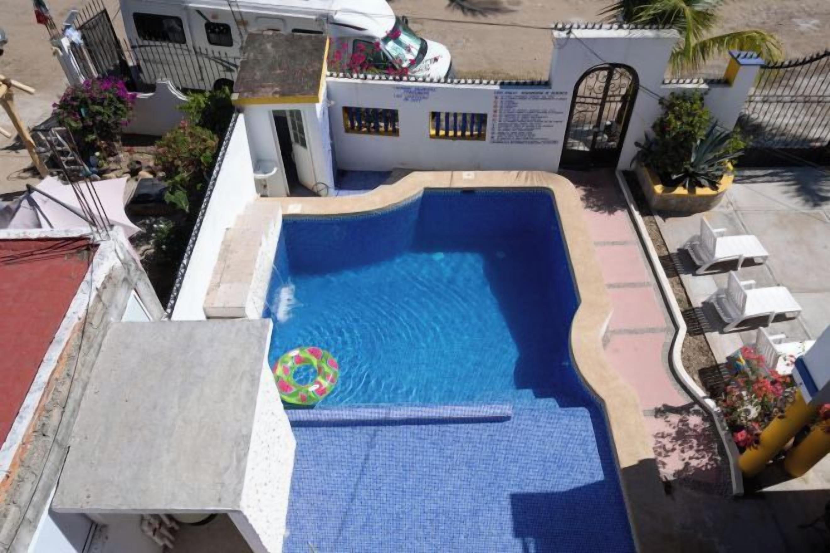 Piscina com deck de azulejos azuis, cercada por um muro branco com portão e plantas em vasos.