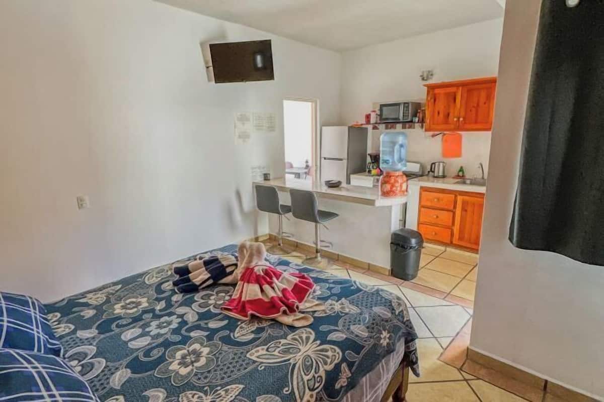 A bedroom with a bed, a desk, and a kitchenette.