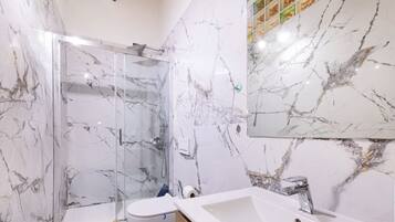Shower, hair dryer, towels