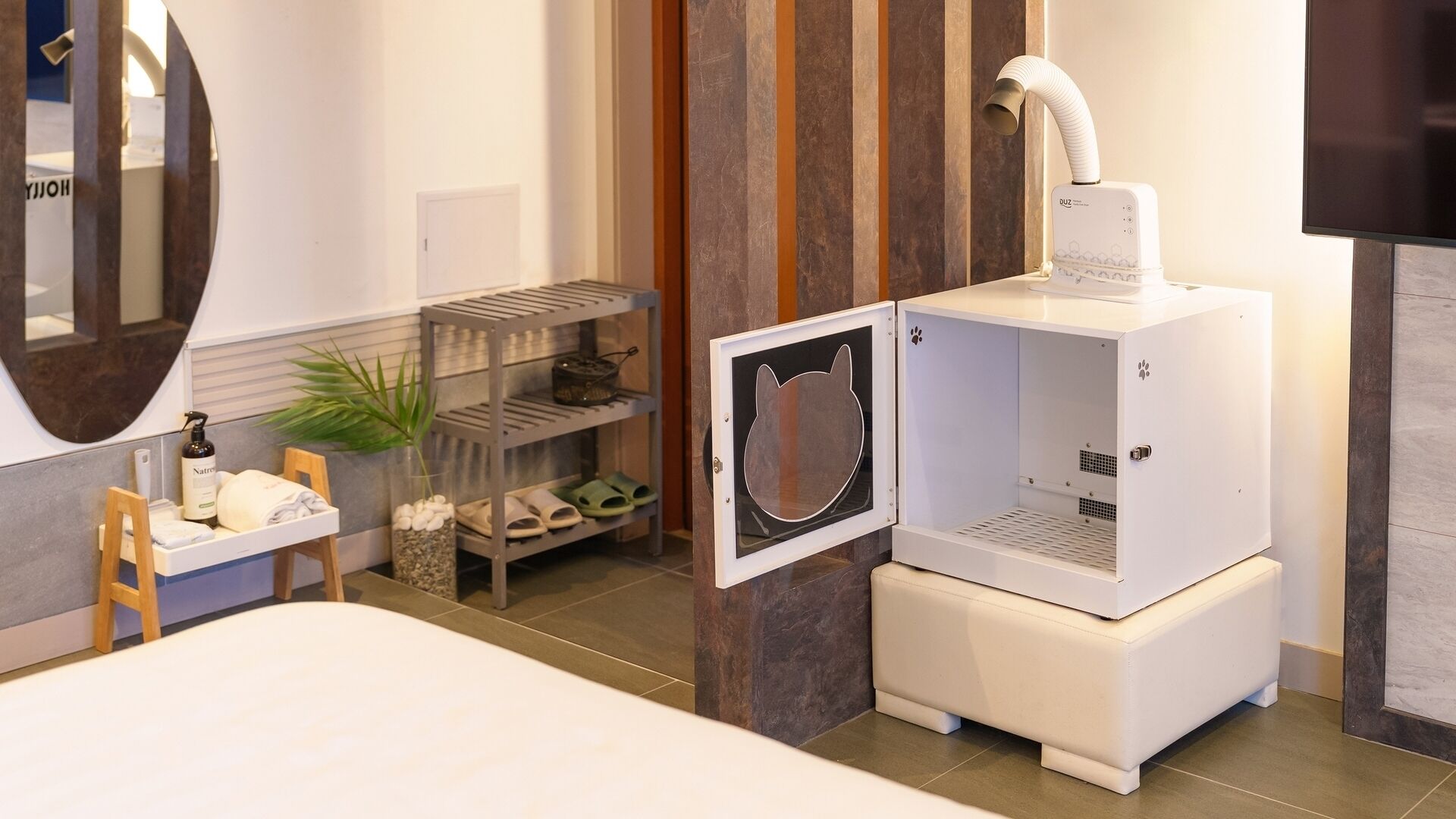 A modern bathroom with a shower, a towel rack, a mirror, and a small plant.